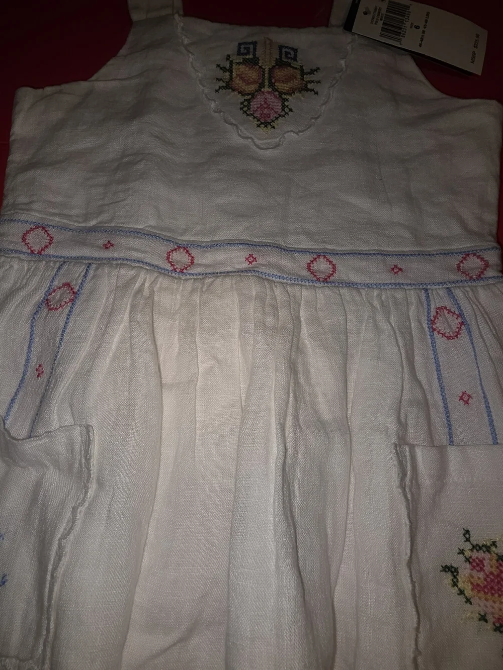 Ralph Lauren White Linen Dress with Multicolor Floral Embroidery Size 6 Girls